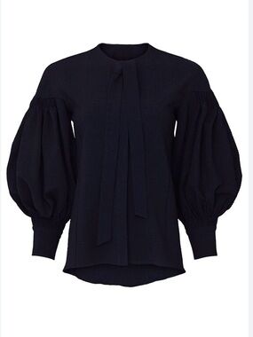 Teija 100% Silk Navy Balloon-Sleeve Tie-Neck Blouse